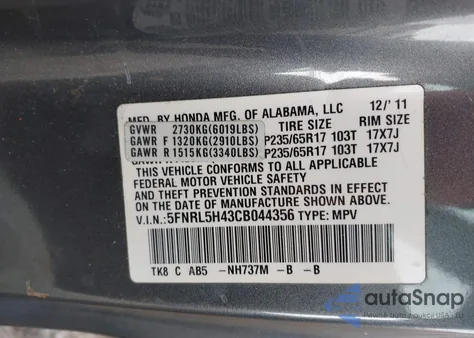 2012 Honda Odyssey Ex z USA, uszkodzony, nr VIN 5FNRL5H43CB044356